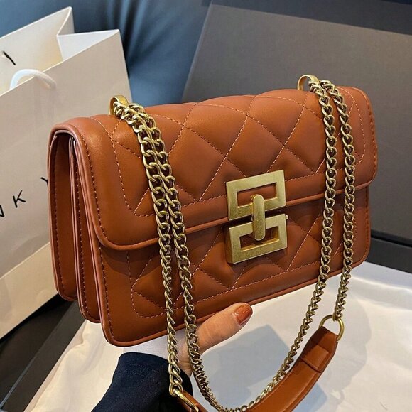 Brown Elegant Women's Square Crossbody Bag With Chain Strap - Picture 3 of 7